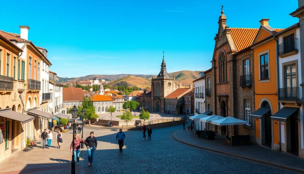 A charming old town nestled in the heart of Portugal, Guimarães' historic center shines with timeless elegance. Capture the essence of this picturesque locale with a sun-dappled scene featuring cobblestone streets lined with colorful facades, ornate churches, and quaint cafes. In the foreground, pedestrians stroll leisurely, pausing to admire the architectural details. Middle ground showcases the iconic Praça da Oliveira, its Romanesque and Gothic structures casting warm, mellow shadows. In the background, rolling hills and a cloudless azure sky set the stage for this quintessential Portuguese town, evoking a sense of timeless tranquility. Employ a wide-angle lens to capture the full grandeur of this charming Altstadt, bathed in the soft, golden light of a summer afternoon.