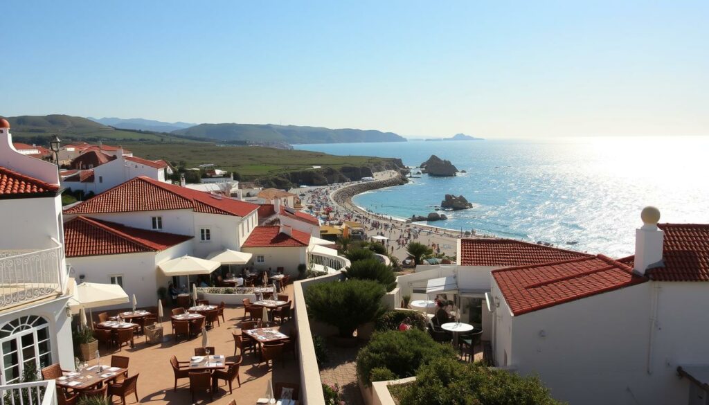 A charming seaside town, Burgau nestles along the rugged Algarve coastline, its restaurants offering breathtaking ocean vistas. In the foreground, a sun-dappled terrace overlooks the sparkling blue waters, white-washed buildings and terracotta roofs framing the scene. Clusters of outdoor tables invite diners to savor local cuisine while taking in the captivating vista. The middle ground features a lively promenade, pedestrians strolling past a mix of traditional and modern eateries. In the distance, rocky cliffs and verdant hills rise up, creating a picturesque backdrop to this idyllic coastal haven. Warm, golden lighting casts a serene glow, evoking the tranquil ambiance of this beloved gastronomic destination.
