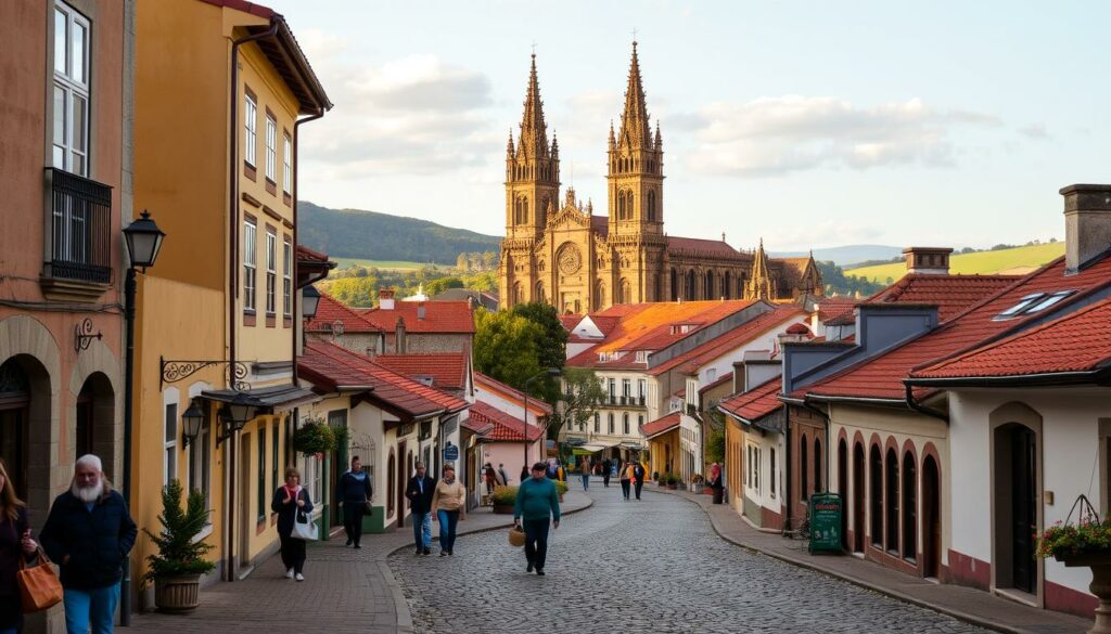 A charming street scene in the historic city of Braga, Portugal. In the foreground, cobblestone paths wind through quaint buildings with terracotta roofs and colorful facades. Locals stroll by, baskets in hand. In the middle ground, the iconic Braga Cathedral, a magnificent Baroque structure, dominates the skyline. Its towering spires and intricate architectural details are bathed in warm, golden sunlight. In the background, rolling hills and lush greenery provide a picturesque natural backdrop. The overall atmosphere is one of tranquility, history, and the vibrant daily life of this captivating Portuguese destination.