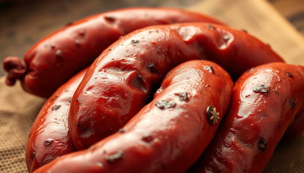 A close-up photograph of several juicy, glistening Portuguese chouriço sausages, their deep red casings gently coiled and twisted. The sausages are displayed against a rustic, earthy backdrop, perhaps a wooden cutting board or a linen cloth, emphasizing their traditional, handcrafted quality. Soft, natural lighting casts warm, golden tones across the scene, highlighting the sausages' aromatic spices and the rich, smoky flavors they promise. The overall composition conveys the artisanal heritage and culinary significance of this iconic Portuguese delicacy.