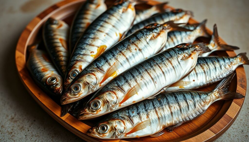 A close-up shot of a wooden platter filled with a mouthwatering arrangement of grilled whole sardines, their shiny skin glistening with a light coating of olive oil. The sardines are arranged in a fan-like pattern, revealing their plump, silvery bodies and delicate fins. The background is a simple, neutral surface, allowing the sardines to take center stage. Soft, warm lighting casts a gentle glow over the scene, highlighting the sardines' natural beauty and the inviting aroma of grilled seafood. The overall composition evokes the rustic, coastal charm of a traditional Portuguese seaside meal.
