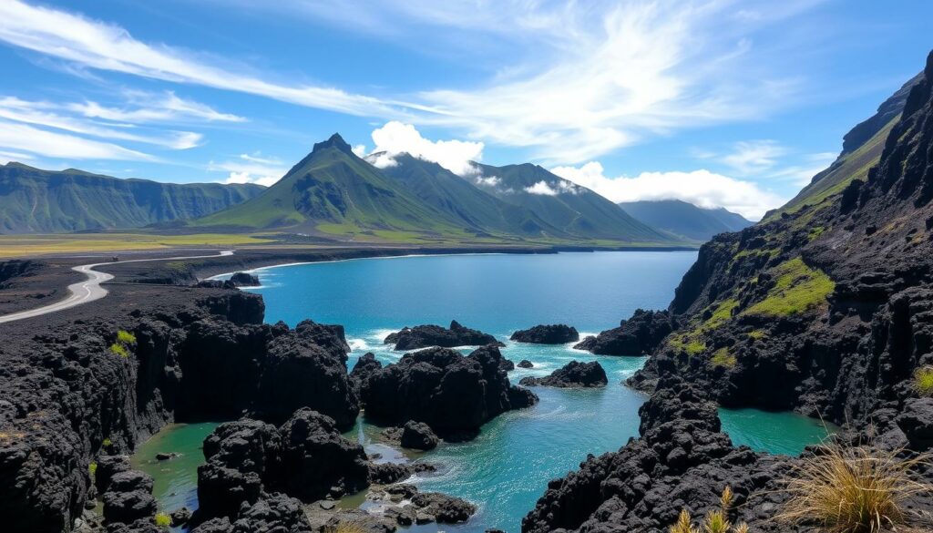 A coastal road winds along the rugged cliffs of Madeira, leading to the natural lava pools of Porto Moniz. In the foreground, the turquoise waters of the pools invite visitors to swim and relax, surrounded by the dramatic black volcanic rock formations. Towering green mountains rise in the middle ground, their slopes draped in lush, tropical vegetation. Wispy clouds drift across the bright, sunny sky, casting soft shadows over the scene. The overall atmosphere is one of tranquility and natural beauty, inviting travelers to immerse themselves in the unique geological wonders of this island paradise. A coastal road winds along the rugged cliffs of Madeira, leading to the natural lava pools of Porto Moniz. In the foreground, the turquoise waters of the pools invite visitors to swim and relax, surrounded by the dramatic black volcanic rock formations. Towering green mountains rise in the middle ground, their slopes draped in lush, tropical vegetation. Wispy clouds drift across the bright, sunny sky, casting soft shadows over the scene. The overall atmosphere is one of tranquility and natural beauty, inviting travelers to immerse themselves in the unique geological wonders of this island paradise.