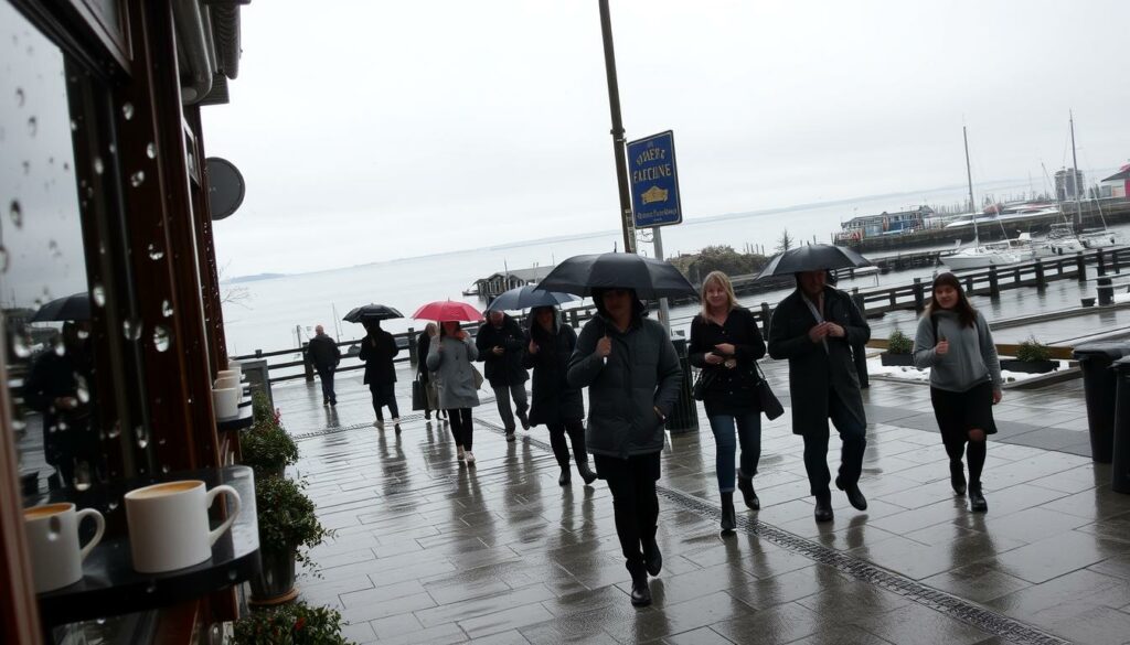 A cold, rainy November day in the coastal town of Port Wetter. The overcast sky casts a gloomy, somber tone over the scene. In the foreground, raindrops patter against the windows of a cozy café, steam rising from the cups of hot beverages. In the middle ground, bundled-up pedestrians hurry along the wet streets, umbrellas in hand. In the background, the docks and harbor stand silent, grey waters lapping against the wooden piers. The overall atmosphere is one of contrast - the tranquility of the town juxtaposed against the inclement weather, inviting the viewer to ponder the unique character of Port Wetter in the November season.