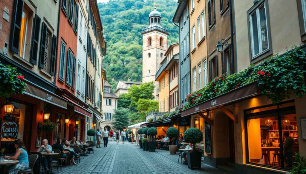 A cozy European town square, with charming cafes and restaurants lining the cobblestone streets. Warm light spills from the windows, illuminating outdoor seating areas where people enjoy local cuisine and drinks. In the middle distance, a historic building with a clock tower stands proud, its architecture a blend of styles. The background is filled with lush greenery, hinting at the natural landscapes beyond the urban center. The scene conveys a sense of community, culture, and the perfect blend of dining and accommodation options for the discerning traveler.