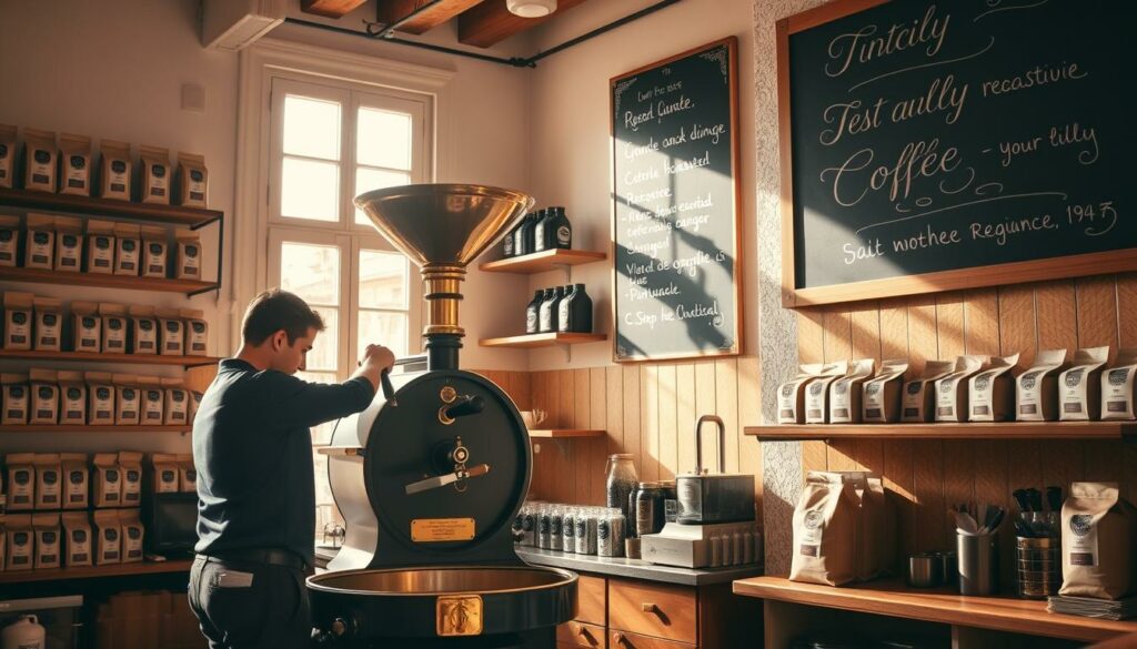 A cozy Portuguese coffee roastery, bathed in warm natural light filtering through large windows. In the foreground, a skilled barista carefully tending to a vintage coffee roaster, its brass fittings gleaming. Shelves lining the walls display an array of artisanal coffee bags, their labels showcasing the diverse regional origins. The scent of freshly roasted beans permeates the air, creating an inviting, authentically Portuguese atmosphere. In the background, a wall-mounted chalkboard displays the daily coffee offerings, hand-lettered in elegant calligraphy. Hints of old-world charm and modern specialty coffee culture come together, reflecting Portugal's rich coffee heritage.