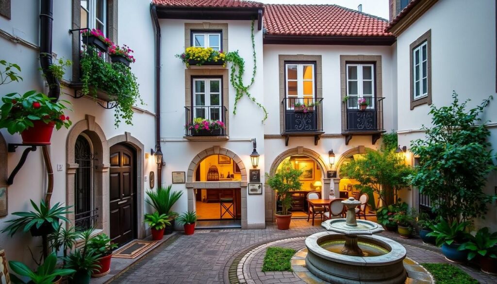 A cozy and charming hotel nestled in the historic center of Guimarães, Portugal. The façade features traditional Portuguese architecture with whitewashed walls, terra cotta roof tiles, and ornate balconies. A quaint cobblestone street leads to the hotel's entrance, lined with lush greenery and colorful flower boxes. The interior boasts a warm, inviting ambiance with a mix of modern and vintage furnishings. Guests can relax in the hotel's courtyard garden, surrounded by lush foliage and the sound of a gentle fountain. Soft, diffused lighting creates a tranquil atmosphere, perfect for a restful night's sleep after exploring the medieval streets of this historic city.