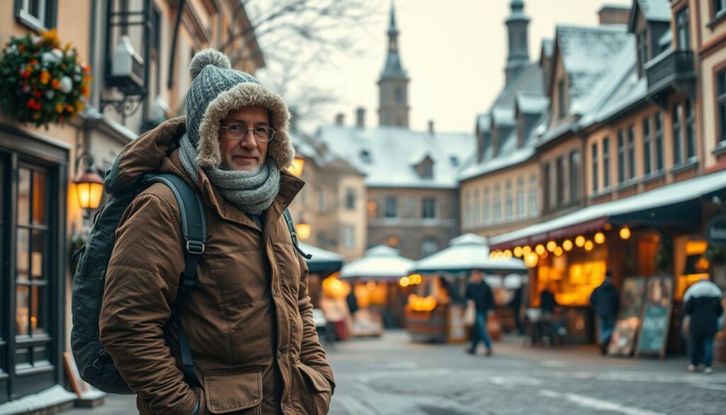 A cozy and practical November scene in the charming town of Port Wetter. In the foreground, a well-equipped traveler stands bundled up, ready to explore the town's quaint streets. The middle ground features a bustling market square, with local vendors offering warm drinks and seasonal produce. In the background, the town's historic architecture is dusted with a light layer of fresh snowfall, creating a picturesque winter wonderland. Warm, soft lighting casts a golden glow, conveying a sense of coziness and comfort. The overall mood is one of inviting practicality, perfect for a November visit to Port Wetter.