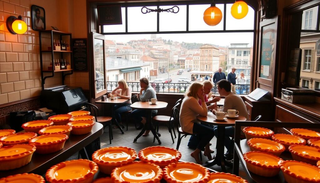 A cozy bakery interior in Lisbon, Portugal, showcasing four of the city's most renowned pastéis de nata spots. Warm, golden lighting illuminates the freshly baked custard tarts, their flaky pastry shells glistening. Charming tile-clad walls and rustic wooden furnishings create an authentic, neighborhood ambiance. In the foreground, a display of the iconic treats, their custard centers oozing with creamy goodness. In the middle ground, customers gathered around small tables, savoring the delectable pastries and sipping aromatic coffee. The background features the iconic Lisbon cityscape, with glimpses of historic architecture and lively street life visible through the windows. An enticing, mouthwatering scene that captures the essence of the best places to indulge in Portugal's beloved pastéis de nata.