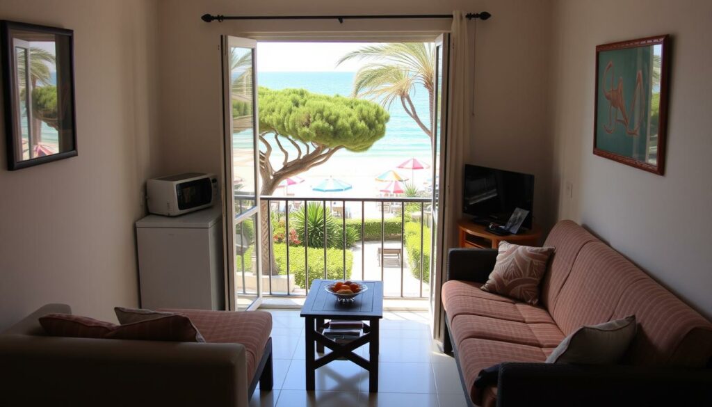 A cozy beachfront apartment in the Algarve, Portugal. Soft morning light filters through the open balcony, casting a warm glow on the simple yet tasteful furnishings. A small kitchenette in the corner, perfect for preparing local delicacies. Outside, a lush garden leads to a secluded stretch of sandy beach, dotted with colorful umbrellas and sun loungers. In the distance, the turquoise waters of the Atlantic Ocean glisten. An idyllic, budget-friendly retreat, perfect for those seeking an authentic Algarve experience.