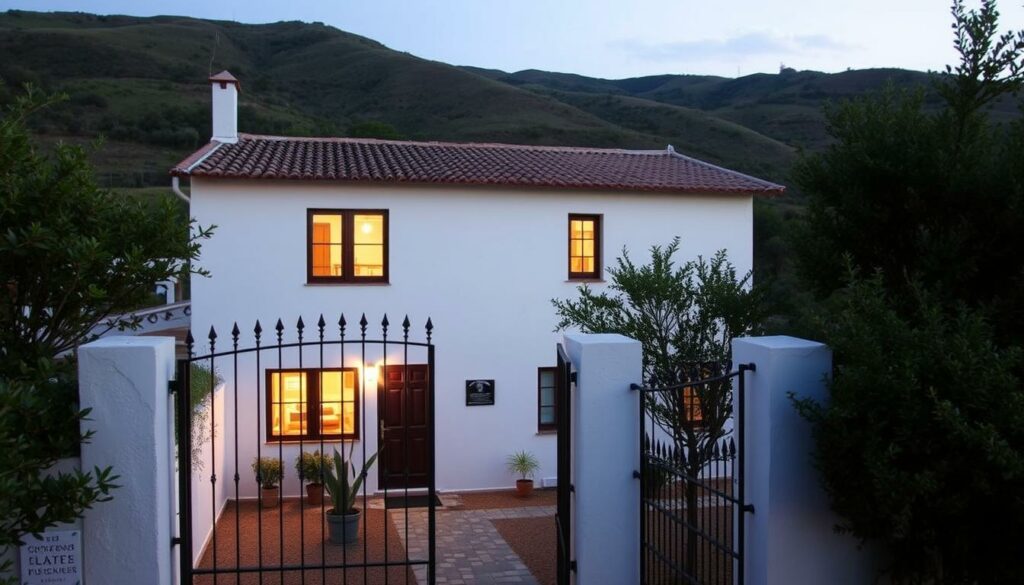 A cozy, budget-friendly accommodation nestled in the charming Algarve region, Portugal. A modest two-story building with whitewashed walls and terra-cotta roof tiles, set against a backdrop of lush, rolling hills. The front entrance is framed by a wrought-iron gate, leading to a small, well-tended garden. Warm, ambient lighting emanates from the windows, creating a inviting atmosphere. The interior features simple, yet comfortable furnishings, with a mix of traditional and modern elements. Guests can enjoy the tranquility of the location, just a short stroll from the vibrant Zona Ribeirinha waterfront.