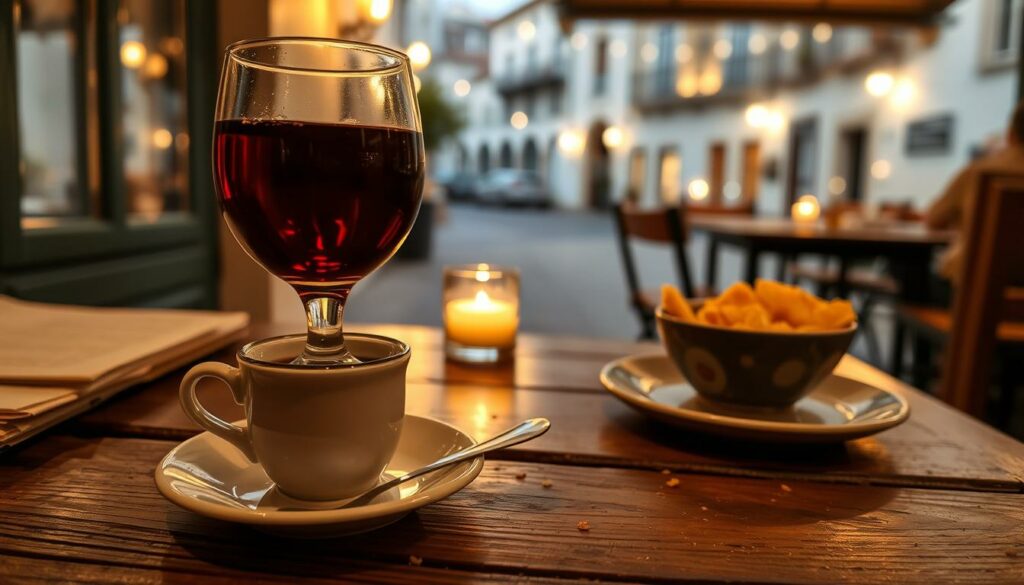 A cozy café in the medieval town of Óbidos, Portugal. In the foreground, a glass of the local specialty, Ginjinha, sits atop a delicate chocolate cup, its deep red liqueur inviting the viewer to take a sip. The middle ground features a rustic wooden table, its surface dotted with crumbs and the remnants of a satisfying snack. Surrounding the table, the warm glow of candlelight illuminates the café's intimate atmosphere, while outside the window, the charming cobblestone streets and whitewashed buildings of Óbidos beckon, hinting at the culinary delights that await the discerning traveler.