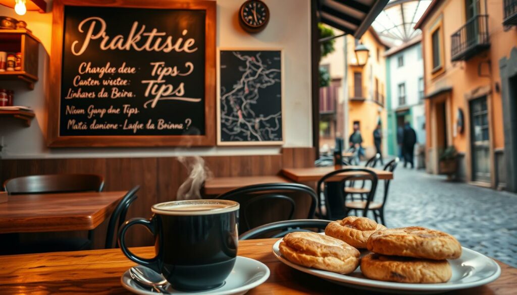 A cozy cafe setting in a picturesque Portuguese town, with warm lighting, wooden tables, and a chalkboard displaying "Praktische Tipps" in elegant cursive. In the foreground, a cup of steaming coffee and a plate of local pastries, inviting the viewer to sit and explore the charming details of the scene. The middle ground features a map of the region, pinpointing the town of Linhares da Beira, while the background showcases the quaint buildings and cobblestone streets, creating a sense of tranquility and authenticity.