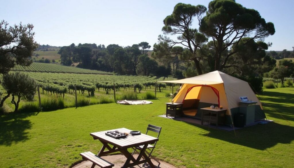 A cozy campground nestled in the lush Alentejo countryside, surrounded by rolling vineyards and ancient olive groves. In the foreground, a well-equipped campsite with a spacious tent pitched on a level, grassy plot, complemented by a sturdy camping table and chairs. Nearby, a modern outdoor kitchen setup with a gas stove and cooking utensils, inviting visitors to prepare hearty, al fresco meals. In the middle ground, a communal washing and shower area with clean, tiled facilities, providing campers with the comforts of home. In the background, a tranquil wooded area dotted with tall pines, casting soft, dappled light across the serene scene. An atmosphere of rustic simplicity and connection with nature, perfect for an Alentejo camping adventure.