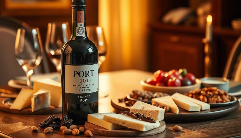 A cozy dining setting featuring a bottle of vintage port wine, accompanied by a selection of flavorful cheeses, dried fruits, and roasted nuts. The scene is bathed in warm, golden lighting, casting a soft, inviting glow on the table and its contents. The composition emphasizes the harmonious pairing of the port with its complementary accompaniments, showcasing the rich, complex flavors and the elegant, sophisticated atmosphere often associated with the traditional enjoyment of this renowned fortified wine.
