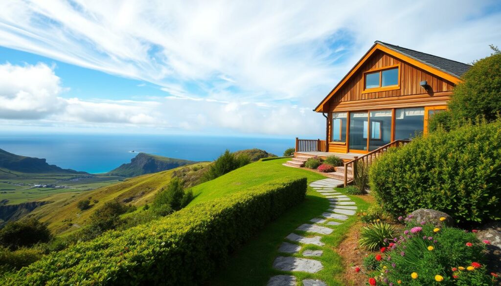A cozy hillside vacation house overlooking the lush, verdant landscape of the Azores islands. The house sits atop a rolling hill, its rustic wooden exterior and large picture windows offering sweeping vistas of the distant, azure ocean. Wispy clouds drift across the sky, casting soft, diffused natural light across the scene. The foreground is dominated by the charming, well-tended garden, its vibrant flowers and neatly manicured hedges creating a sense of tranquility. In the middle ground, a stone pathway winds its way towards the house, inviting exploration. The background is a breathtaking panorama of the Azorean archipelago, with rugged cliffs, pristine beaches, and the shimmering Atlantic horizon.