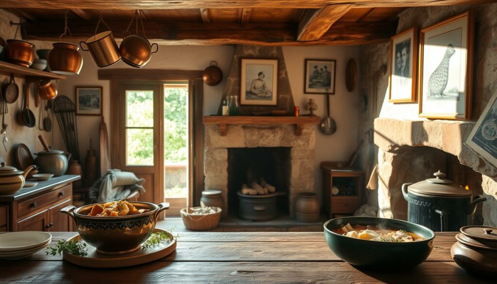 A cozy kitchen with a rustic, old-world charm. In the foreground, a wooden table is set with traditional Portuguese ceramics, a steaming pot of bacalhau (salted cod) stew, and fresh herbs. Sunlight streams in through a large window, casting a warm, golden glow over the scene. In the middle ground, antique copper pots and pans hang from the exposed beams of the ceiling, while the walls are adorned with vintage cooking utensils and framed artworks depicting the history of this beloved Portuguese dish. The background features a stone fireplace, its embers glowing, and a glimpse of a lush, verdant garden outside, hinting at the connection between the kitchen and the land. The overall atmosphere is one of tradition, comfort, and the rich cultural heritage surrounding the preparation and consumption of bacalhau.