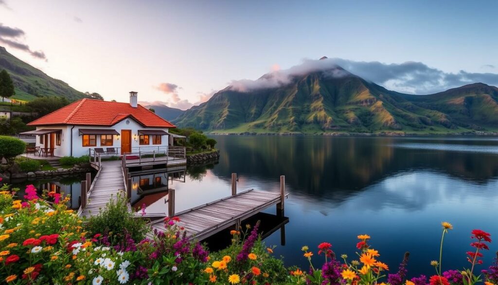 A cozy lakeside inn nestled amidst the lush, verdant hills of the Sete Cidades caldera. Warm, inviting lighting casts a golden glow over the traditional Azorean architecture, with its whitewashed walls and terracotta roofs. A wooden dock juts out into the still, mirror-like waters of the serene lake, offering guests a tranquil place to relax and take in the breathtaking natural beauty. In the foreground, a picturesque garden overflows with vibrant flowers, while in the background, the rugged, volcanic slopes rise up, capped with wispy clouds. The scene evokes a sense of peaceful seclusion and laid-back island living, perfect for those seeking a cozy, comfortable stay in this unspoiled corner of the Azores.