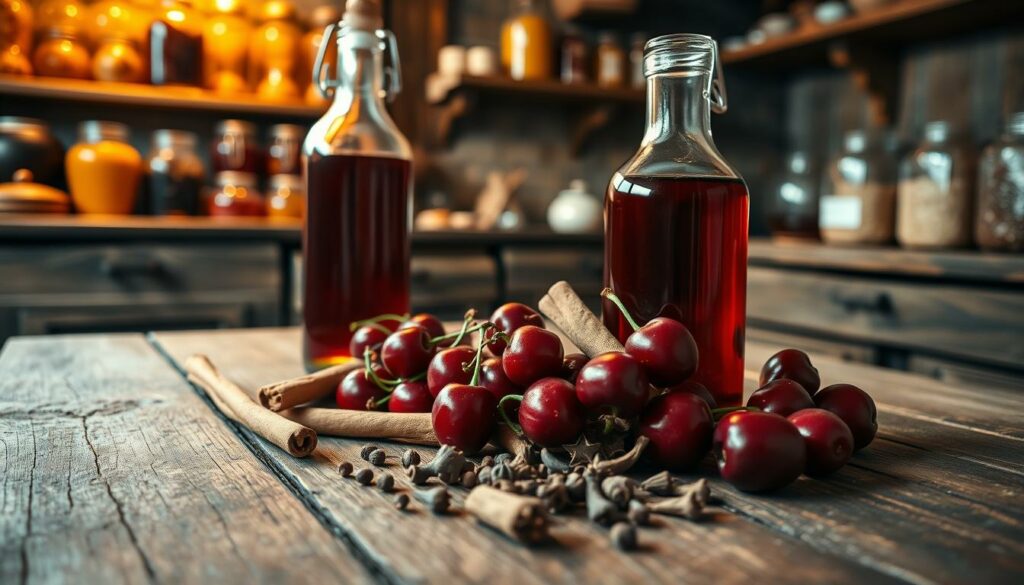 A cozy, rustic kitchen setting with an old-fashioned wooden table. On the table, an array of traditional Portuguese ingredients - fresh ginja cherries, whole cinnamon sticks, cloves, and a glass bottle filled with the deep red ginjinha liqueur. Warm, ambient lighting casts a soft, golden glow, highlighting the rich colors and textures. In the background, shelves lined with jars and bottles, hinting at the time-honored process of crafting this beloved Portuguese specialty. The scene evokes a sense of tradition, care, and the proud heritage behind the making of ginjinha.