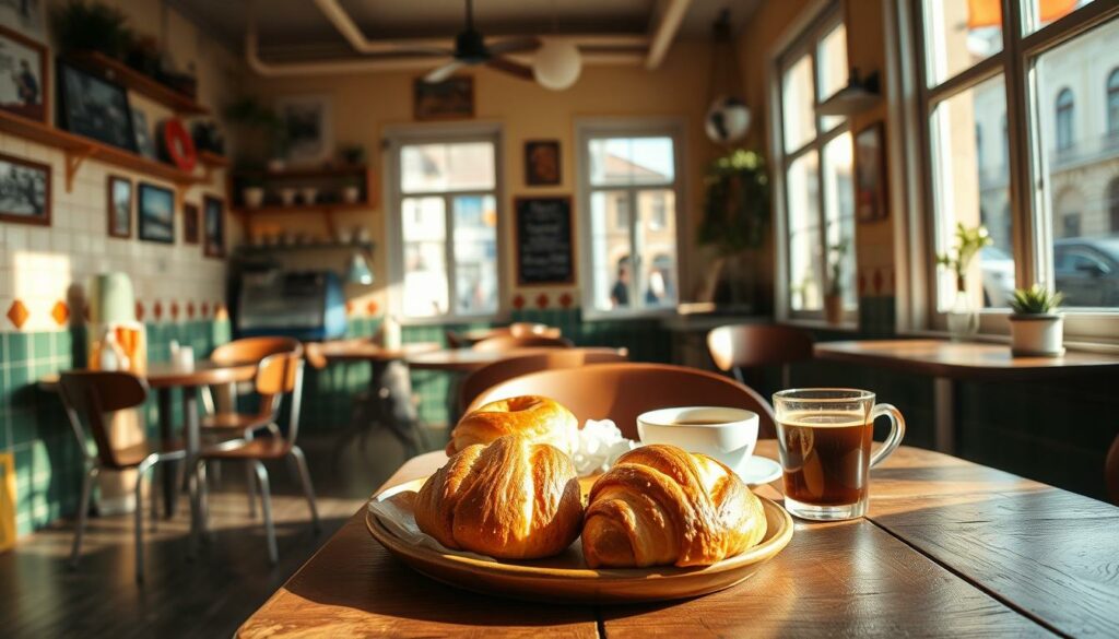 A cozy, sun-drenched café nestled in the charming streets of Lisbon, Portugal. In the foreground, a wooden table is adorned with a tempting assortment of freshly baked pastries, their golden crusts glistening under the warm lighting. The aroma of rich, freshly brewed coffee wafts through the air, inviting patrons to indulge. The middle ground features a quaint, retro-inspired interior, with vintage furnishings and vibrant tiled walls that evoke the city's classic architectural style. Through the large windows, the bustling streets of Lisbon are visible, hinting at the vibrant cultural atmosphere outside. Soft, natural lighting bathes the scene, creating a cozy and welcoming ambiance that perfectly captures the essence of a neighborhood café where locals and visitors can savor the simple pleasures of Kaffee und Gebäck.
