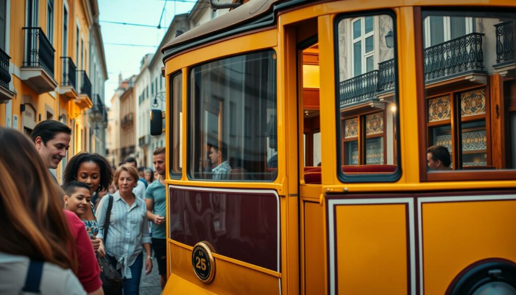 A cozy, vibrant scene of a Lisbon tram, capturing the practical tips for a relaxing ride. In the foreground, passengers board the vintage tram, their faces alight with anticipation. The middle ground showcases the tram's iconic yellow exterior, its sleek curves and polished brass fittings gleaming under the soft, warm lighting. In the background, the historic buildings of Lisbon's charming neighborhoods provide a picturesque backdrop, their facades adorned with colorful tiles and wrought-iron balconies. The overall atmosphere conveys a sense of effortless, local charm, inviting the viewer to embark on a delightful tram journey through the heart of the city.