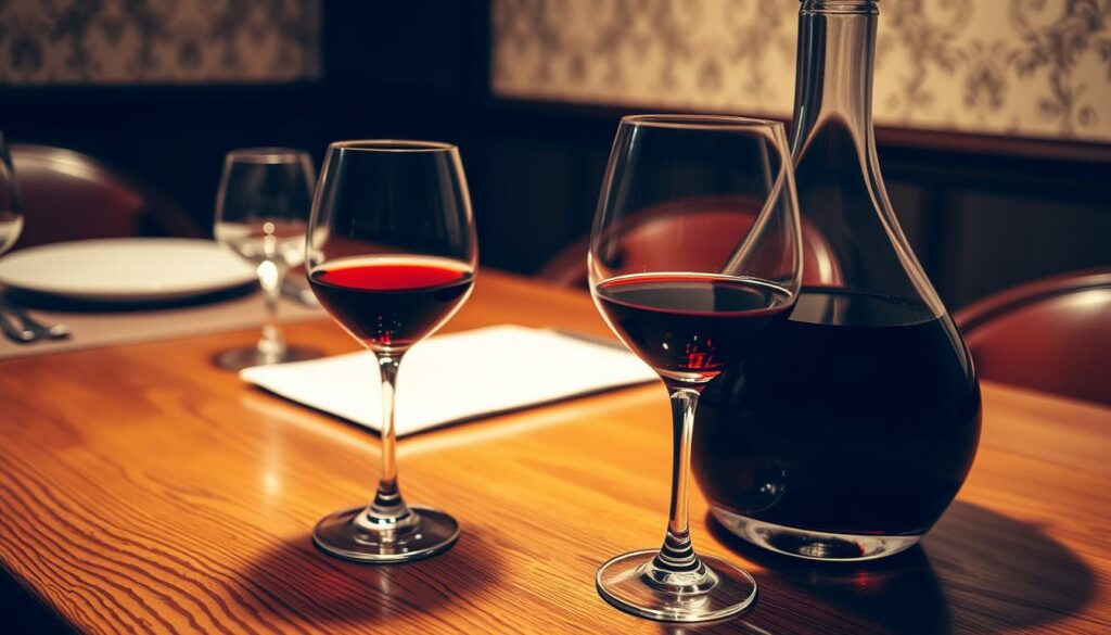 A cozy, well-lit dining room, with a polished oak table set for a refined evening. On the table, a crystal decanter filled with deep ruby-hued port wine, accompanied by a delicate port glass. The glass is held at a slight angle, allowing the complex aromas to fully develop as the drinker savors the velvety, balanced flavors of this fortified wine. The warm lighting casts a soft glow, creating an atmosphere of sophistication and relaxation. The background features subtle, elegant wallpaper or paneling, adding to the overall refined ambiance. The scene evokes the perfect setting for enjoying port wine in the proper manner.