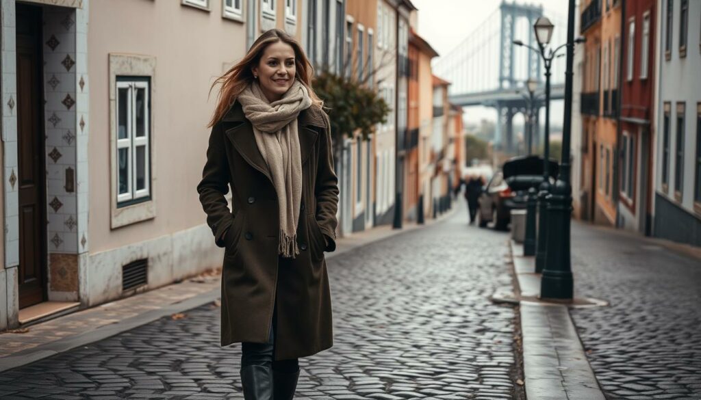A cozy winter scene in Lisbon, Portugal. In the foreground, a stylish woman strolls along the charming cobblestone streets, bundled up in a warm, tailored coat, a chic scarf, and comfortable leather boots. The middle ground features picturesque buildings with traditional tile facades, their colors muted by the overcast skies. In the background, a glimpse of the Tagus River and the iconic suspension bridge, adding a sense of grandeur to the scene. The lighting is soft and diffused, creating a gentle, atmospheric mood, perfect for a January day in the city. The overall composition captures the essence of dressing for the mild, slightly rainy weather of Lisbon in the winter.