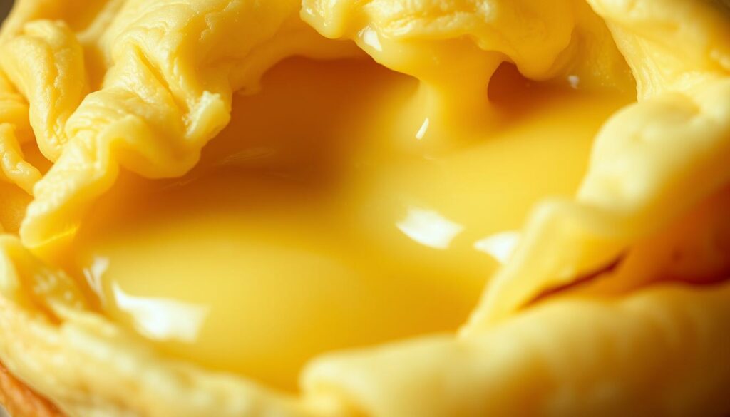 A decadent creamy custard filling, with a smooth, silky texture and a subtly sweet flavor, resting between delicate, flaky layers of golden puff pastry, bathed in warm, soft light. The custard has a rich, eggy taste, with a subtle hint of vanilla and a touch of sweetness. The pastry is crisp and golden on the outside, giving way to a soft, tender interior. The scene is captured from a slightly elevated angle, highlighting the layers and textures of this irresistible Portuguese treat.