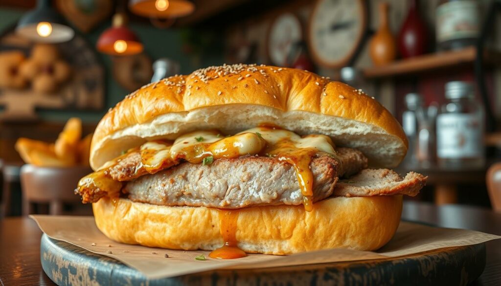 A delectable bifana sandwich from the vibrant city of Porto. A thick, juicy pork cutlet nestled between fluffy, freshly baked Portuguese rolls, drizzled with a tantalizing blend of spices and condiments. The scene is set against the backdrop of a cozy, traditional Portuguese eatery, with warm lighting and rustic, weathered accents evoking the city's rich culinary heritage. The sandwich is presented in a visually compelling manner, capturing the mouthwatering details and inviting the viewer to savor the flavors of this iconic Portuguese dish.