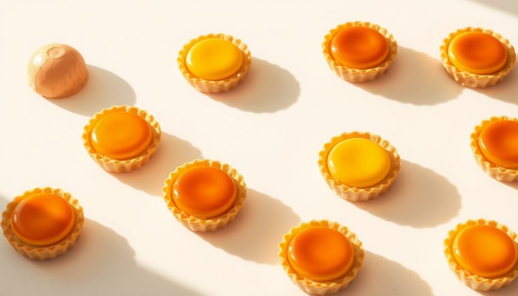 A delicate, flaky pastry shell holds a creamy, custard-like filling in this step-by-step Pastel de Nata illustration. Warm, golden light illuminates the artfully arranged pastries, each one perfectly shaped with a glistening caramelized top. The crisp edges and soft, eggy interior are clearly visible, inviting the viewer to imagine the flavor and texture. The composition features a clean, uncluttered table top, allowing the focus to remain on the beautifully crafted Pastel de Nata. Subtle shadows and highlights accentuate the three-dimensional forms, creating a sense of depth and dimensionality. This illustration captures the essence of the traditional Portuguese treat, guiding the viewer through the process of creating the perfect Pastel de Nata.