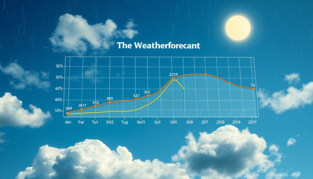 A detailed 16-day weather forecast trend with a prominent temperature curve chart, presented in a clean, data-driven style. The chart takes center stage, surrounded by atmospheric weather elements like clouds, rain, and sunlight to provide context. The overall composition conveys a sense of analytical clarity and pragmatic meteorological insight, suitable for an article on weather forecasting. The lighting is crisp and natural, with a slight warm tone to evoke a sense of authority and professionalism. The angle is slightly elevated to give the viewer a comprehensive overview of the weather information.