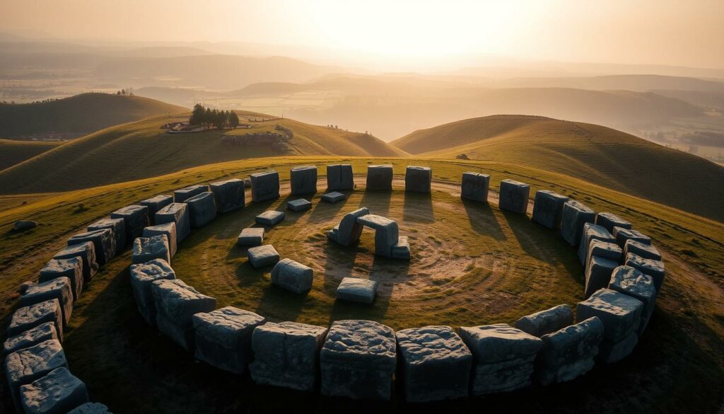 A detailed aerial view of the Steinkreis Bauphasen, an ancient stone circle located in the rolling hills of the Almendres region. The foreground depicts the concentric rings of massive, weathered megalithic stones, their surfaces worn smooth by centuries of exposure. The middle ground showcases the gradual construction phases, with partially completed stone arrangements and excavated areas, hinting at the site's rich history. In the background, a lush, verdant landscape unfolds, with winding paths, scattered trees, and a hazy, golden-hour sky casting a warm, contemplative glow over the entire scene. The lighting is soft and diffused, accentuating the timeless, mystical atmosphere of this significant archaeological wonder.