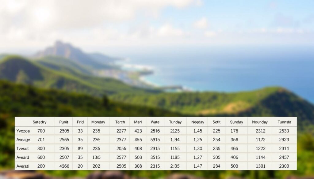 A detailed, high-resolution table displaying historical weather data for Madeira, Portugal. The table occupies the foreground, with a clean, minimalist design showcasing key metrics like average temperatures, precipitation, and sunshine hours for each month. The background features a soft, blurred landscape of Madeira's lush, verdant hills and the sparkling Atlantic ocean, conveying a sense of tranquility and the island's picturesque setting. The overall mood is informative yet visually appealing, with a balance of functionality and aesthetics to support the "Wetterprognosen und historische Daten" section of the article.