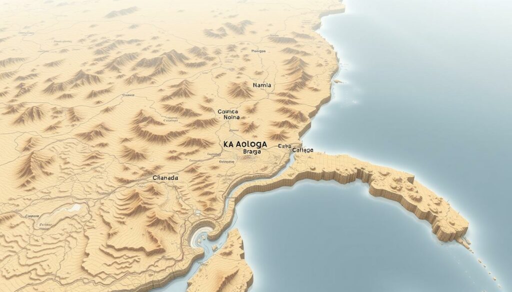 A detailed topographic map of the Braga region, highlighting the distance from the city to the nearest coastline. The map should be rendered in a realistic style, with accurate geographical features such as rivers, hills, and vegetation. The coastline should be clearly delineated, with the distance between Braga and the sea prominently displayed using a scale or measurement. The map should be presented in a neutral color palette, with a focus on clarity and legibility. The lighting should be neutral, with a slightly hazy atmosphere to suggest the geographical scale. The camera angle should be a slightly elevated bird's-eye view, allowing the viewer to appreciate the spatial relationship between Braga and the surrounding landscape, including the proximity to the ocean.