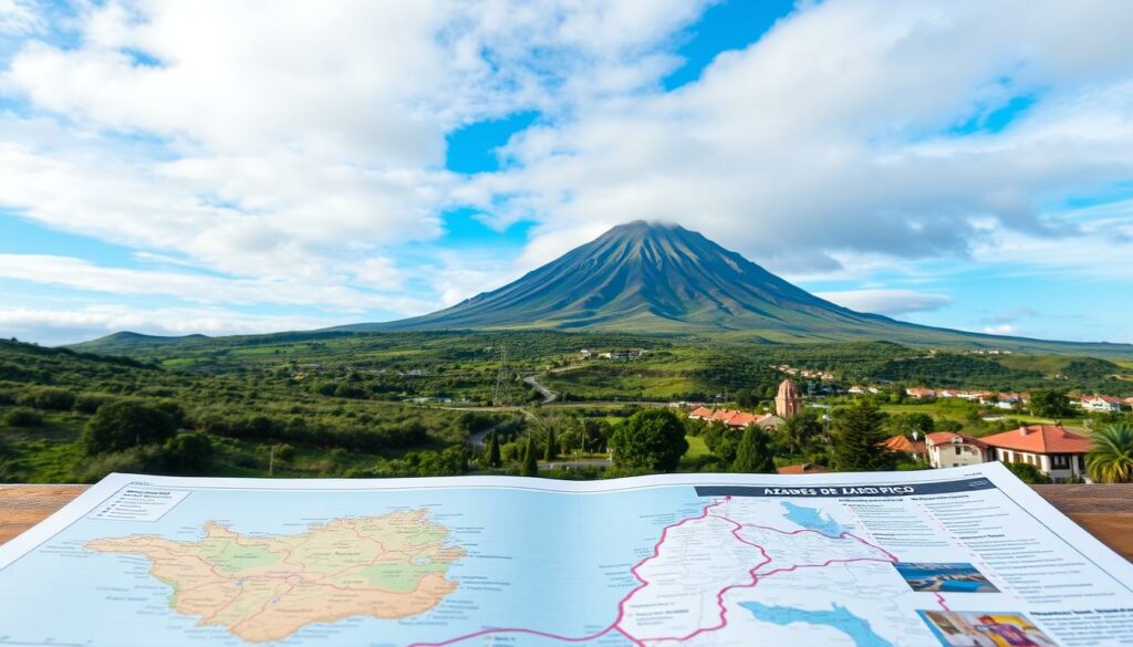 A detailed travel guide featuring practical information for the Azores islands, with a focus on the prominent Mount Pico. In the foreground, a colorful map of the archipelago highlights key landmarks and infrastructure. The middle ground showcases a serene landscape with lush vegetation, winding roads, and traditional Azorean architecture. In the background, the majestic Mount Pico dominates the scene, its distinct peak rising majestically against a vibrant sky. The overall composition conveys a sense of tranquility, adventure, and the natural beauty that defines the Azores. Crisp lighting and a wide-angle lens capture the grandeur of this island paradise.