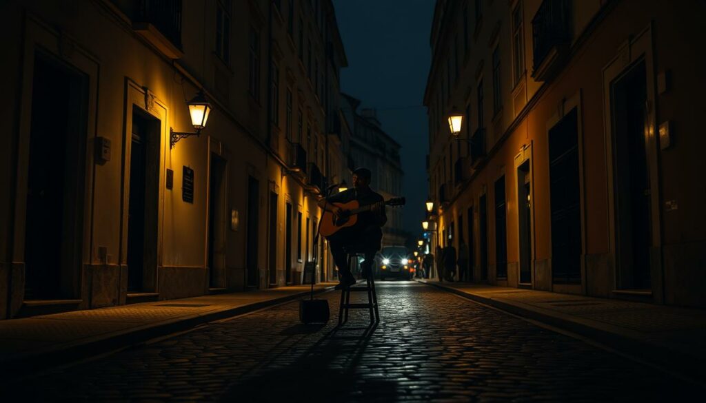 A dimly lit Alfama street in Lisbon, Portugal, illuminated by the warm glow of street lamps and candle-lit windows. In the center, a lone musician sits on a stool, guitar in hand, passionately performing a soulful Fado song. The shadows cast by the musician create a dramatic, moody atmosphere, while the surrounding buildings and cobblestone pavement provide an authentic, historic backdrop. The image conveys the melancholic, introspective nature of Fado music, the heart and soul of the Alfama neighborhood. The scene is captured with a cinematic, 50mm lens, creating a shallow depth of field that keeps the focus on the musician, while hinting at the surrounding environment.