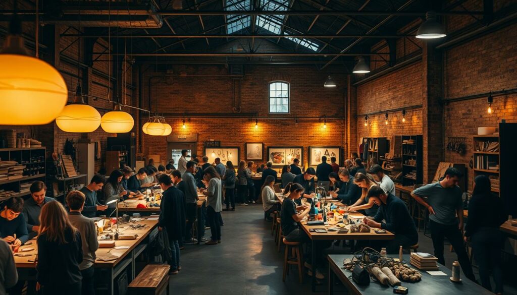 A dimly lit industrial warehouse, the LX Factory, stands as a hub of creative energy. In the foreground, groups of people gather around communal workstations, their faces alight with concentration as they craft unique, handmade products. Vintage lamps cast a warm, golden glow, illuminating the space and highlighting the eclectic mix of materials - from reclaimed wood to vibrant textiles. In the middle ground, a row of small boutiques and art studios showcase the diverse talents of local artisans, their wares displayed in a visually striking manner. The background is filled with the weathered brick walls and steel beams that define the Factory's industrial aesthetic, creating a sense of timeless authenticity. An atmosphere of creative exploration and collaborative energy permeates the scene, inviting the viewer to imagine the inspiring possibilities within.