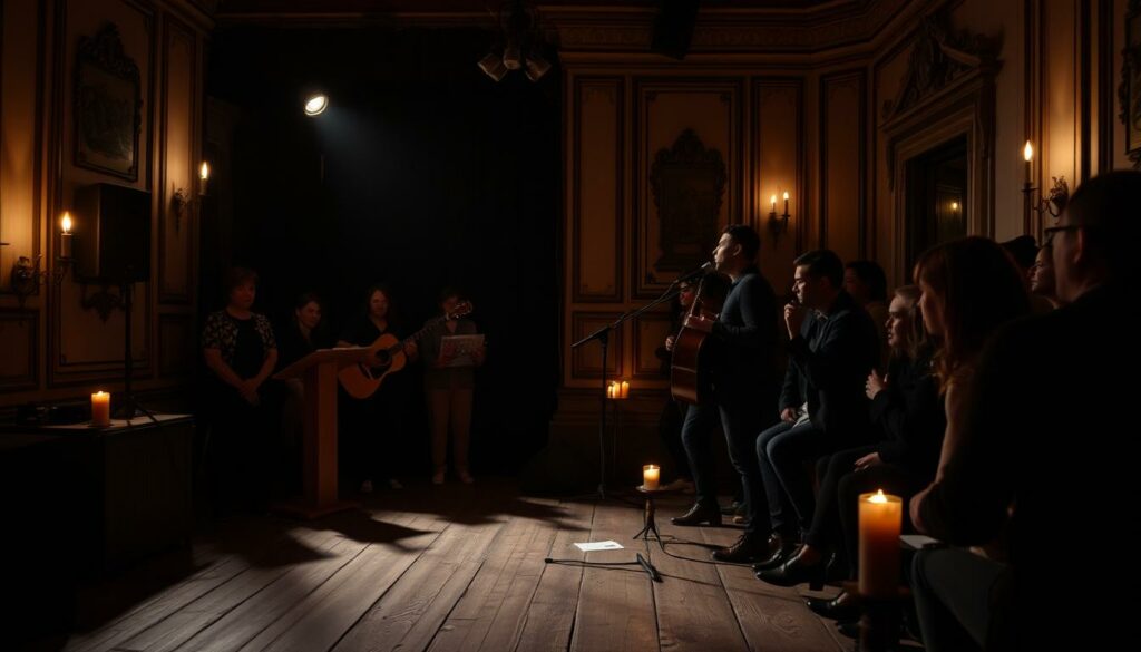 A dimly lit, intimate stage in the heart of Chiado, Lisbon. Shadows dance across weathered wooden floors as a lone fado singer captivates the audience, their soulful voice weaving a tapestry of melancholy and passion. Soft candlelight illuminates the singer's pensive expression, while the crowd leans in, mesmerized by the raw emotion of the performance. The stage is framed by ornate, aged walls, hinting at the neighborhood's storied history. A sense of timelessness pervades the scene, as if the audience has been transported to a bygone era where fado, Portugal's haunting musical tradition, reigns supreme. The overall atmosphere is one of intimate, immersive musical magic - a quintessential Fado in Chiado experience.