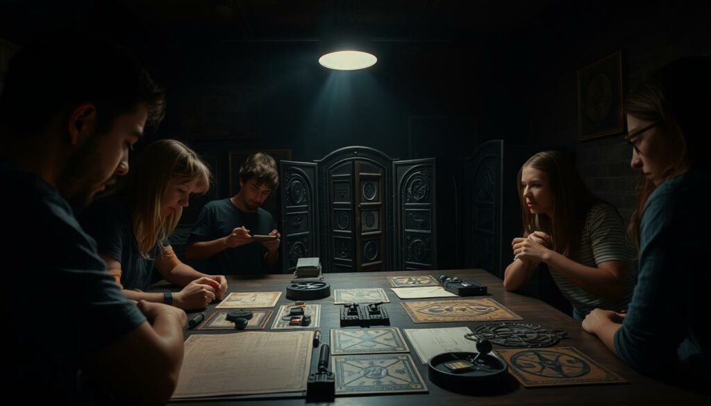 A dimly lit room with a sense of mystery and anticipation. In the foreground, a group of people intently examining the clues and puzzles laid out before them, their faces alight with concentration. The middle ground features intricately designed escape room elements - locked doors, hidden compartments, and enigmatic symbols. In the background, a moody, atmospheric lighting casts dramatic shadows, creating a palpable tension. The scene conveys the thrill of problem-solving, the camaraderie of teamwork, and the satisfaction of successfully unlocking the secrets of the escape room.