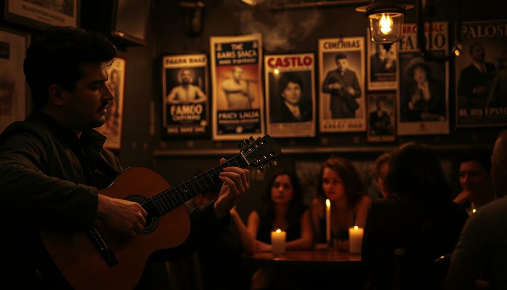 A dimly lit tavern in the heart of Lisbon, where the soulful strains of a Portuguese guitar echo through the smoky air. In the foreground, a talented musician cradles the distinctive, pear-shaped instrument, his fingers plucking the melancholic melodies of Fado music. The mid-ground reveals a small audience, captivated by the haunting performance, their faces illuminated by the warm glow of candlelight. In the background, a wall adorned with vintage concert posters and weathered photographs sets the scene, evoking the rich cultural heritage of this timeless musical tradition. The overall atmosphere is one of intimate, melancholic beauty, reflecting the depth and emotion of the Fado genre.