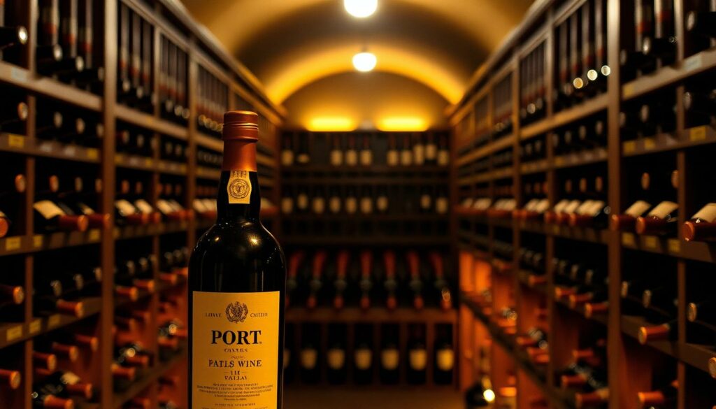 A dimly lit wine cellar, shelves lining the walls, bottles resting in intricate wooden racks. Soft ambient lighting casts a warm, golden glow, highlighting the intricate labels and cork-topped bottles. In the foreground, a single bottle stands, its label featuring the iconic Port wine insignia, signifying the careful maturation process. The middle ground showcases rows of bottles, each one a testament to the passage of time and the art of winemaking. The background fades into the shadows, hinting at the depth and complexity of the cellar's contents. The overall atmosphere is one of reverence, tradition, and the quiet patience required for the perfect Port wine to emerge.