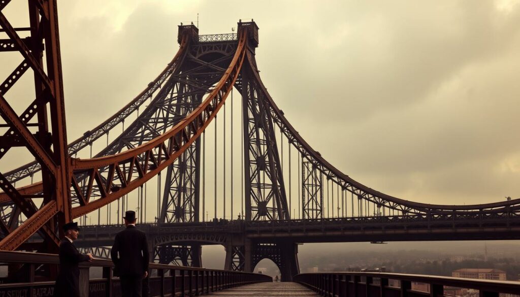 A dramatic architectural masterpiece set against a moody, atmospheric backdrop. In the foreground, Gustave Eiffel and Théophile Seyrig, the visionary engineers, stand proudly amidst the intricate lattice of steel girders and beams that make up the innovative bridge design. The middle ground showcases the grand, sweeping arches and elegant curves of the bridge structure, with intricate details and precise engineering on full display. In the distance, a misty, almost ethereal landscape provides a captivating contrast, hinting at the bridge's timeless, iconic status. Warm, dramatic lighting casts dramatic shadows, heightening the sense of grandeur and technical prowess. The overall scene conveys the architectural mastery, innovative spirit, and awe-inspiring scale of this remarkable engineering achievement.