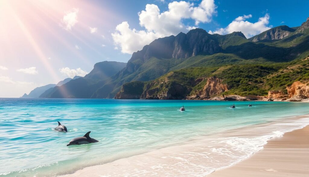 A dramatic coastal landscape with the Serra da Arrábida mountain range rising up majestically in the background, its rugged peaks and slopes draped in lush, verdant foliage. In the foreground, a pristine, white-sand beach stretches out, lapped by crystal-clear turquoise waters where playful dolphins can be seen frolicking. Shafts of warm, golden sunlight filter through wispy clouds, casting a serene, almost ethereal glow over the entire scene. The overall atmosphere is one of tranquility and natural splendor, perfectly capturing the essence of this stunning Portuguese nature reserve.