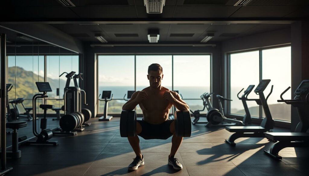 A dramatic, high-contrast fitness center nestled in the lush, rolling hills of Madeira. In the foreground, a determined athlete performs weighted squats under soft, directional lighting that accentuates their muscular physique. The middle ground showcases state-of-the-art workout equipment arranged in a modern, minimalist layout, while the background reveals stunning ocean vistas through floor-to-ceiling windows. The atmosphere exudes an air of focused intensity, hinting at the elite training regimen of Cristiano Ronaldo, Madeira's most renowned fitness icon.