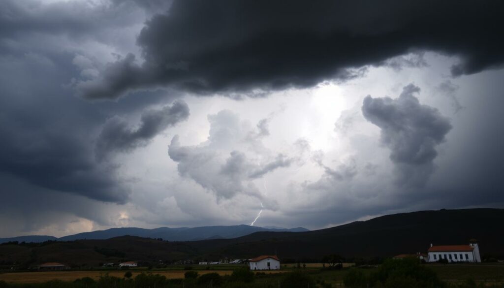 A dramatic landscape of the Alentejo region, Portugal, captured during a severe weather event. In the foreground, a raging storm with ominous dark clouds, heavy rain, and powerful gusts of wind buffeting the countryside. Towering cumulus formations loom in the middle ground, their jagged edges illuminated by flashes of lightning. In the distance, rolling hills and traditional whitewashed buildings are partially obscured by the atmospheric disturbance. The scene conveys a sense of raw, unforgiving natural forces at play, hinting at the challenges and risks faced by travelers in this climatically extreme region. Captured with a wide-angle lens to emphasize the scale and intensity of the weather phenomena.