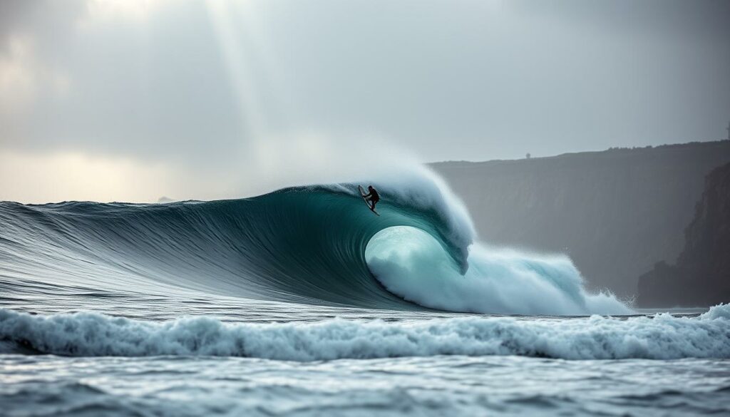 A dramatic seascape at Nazaré, Portugal, captured under a moody, overcast sky. In the foreground, a lone surfer navigates a towering, curling wave, their silhouette frozen in a moment of intense focus and power. The wave's sheer size and the surfer's daring create a sense of awe and excitement. The middle ground features the rugged, rocky coastline, with cliffs rising in the distance. The background is shrouded in mist, adding an ethereal quality to the scene. The lighting is dramatic, with rays of sunlight piercing through the clouds, illuminating the wave and the surfer in a dramatic chiaroscuro effect. The overall mood is one of adventure, challenge, and the raw, untamed power of nature.