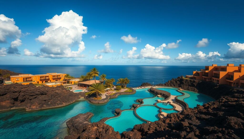 A dramatic seaside resort nestled amidst volcanic rock formations, with hotels overlooking the crystal-clear natural seawater pools of Porto Moniz, Madeira. The foreground features the inviting, turquoise pools carved into the rugged coastline, surrounded by sleek, modern hotel buildings in warm, earthy tones. In the middle ground, palm trees sway gently, casting soft shadows on the poolside terraces. The background showcases the vast, deep blue Atlantic Ocean, with fluffy white clouds drifting across a bright, sun-dappled sky. Dramatic chiaroscuro lighting illuminates the scene, creating a serene, peaceful atmosphere perfect for a relaxing island getaway.