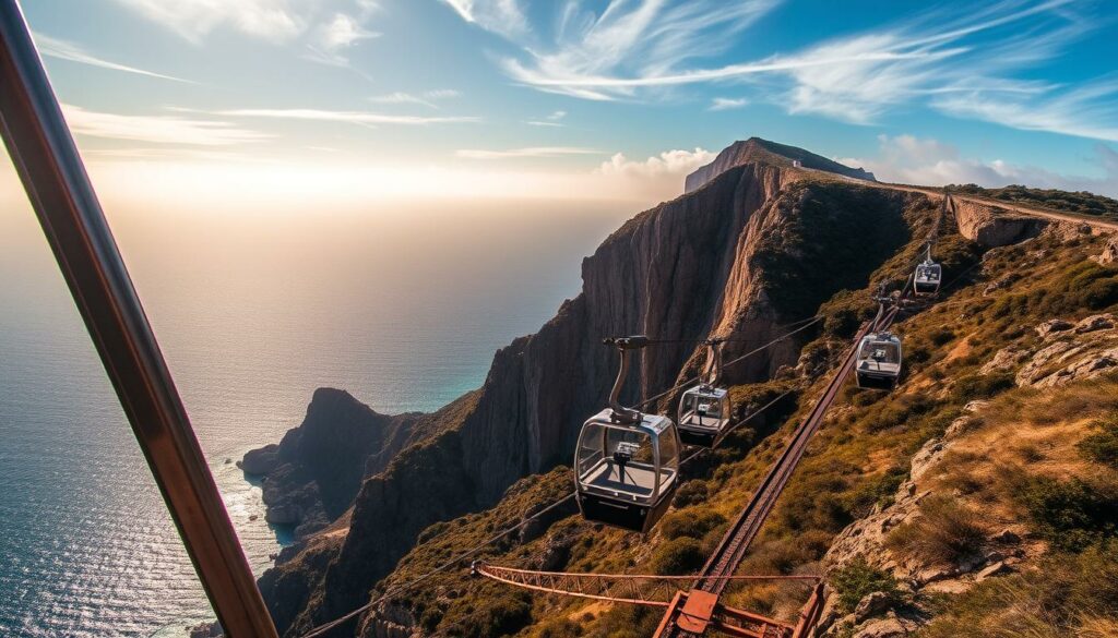 A dramatic seaside vista with the Teleférico do Rancho cable car system descending the steep cliffs of Cabo Girão. The foreground features the sturdy metal frame and gondolas of the cable car, gently gliding down the steep incline. The middle ground showcases the rugged, weathered cliff face, textured with rocky outcroppings and lush greenery. In the background, the vast, azure Atlantic Ocean stretches out to the horizon, accentuated by warm, golden sunlight filtering through wispy clouds. The scene conveys a sense of adventure and the thrill of exploring this dramatic coastal landscape. Capture this scene with a wide-angle lens to emphasize the scale and grandeur of the setting. A dramatic seaside vista with the Teleférico do Rancho cable car system descending the steep cliffs of Cabo Girão. The foreground features the sturdy metal frame and gondolas of the cable car, gently gliding down the steep incline. The middle ground showcases the rugged, weathered cliff face, textured with rocky outcroppings and lush greenery. In the background, the vast, azure Atlantic Ocean stretches out to the horizon, accentuated by warm, golden sunlight filtering through wispy clouds. The scene conveys a sense of adventure and the thrill of exploring this dramatic coastal landscape. Capture this scene with a wide-angle lens to emphasize the scale and grandeur of the setting.