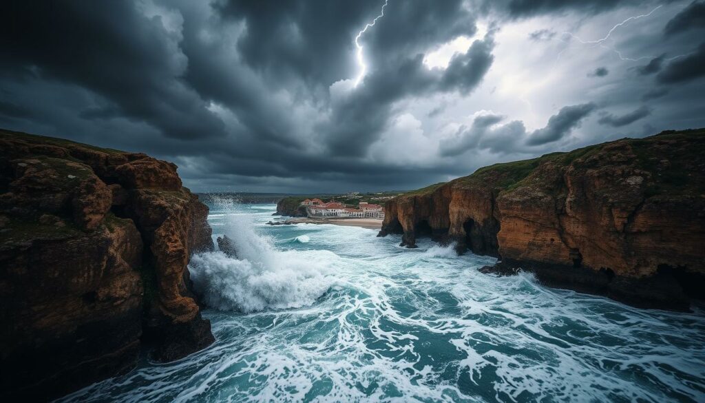 A dramatic, storm-swept landscape along the rugged Algarve coastline. In the foreground, churning waves crash against jagged cliffs, their foaming spray illuminated by flashes of lightning. Billowing storm clouds loom overhead, casting an ominous, moody atmosphere. The middle ground features a small, coastal village nestled between the cliffs, its tiled roofs and whitewashed walls contrasting with the turbulent skies. In the background, towering thunderheads stretch across the horizon, hinting at the intensity of the impending weather system. The scene is captured with a wide-angle lens, emphasizing the scale and power of the natural forces at play. Dramatic, cinematic lighting casts deep shadows and highlights the raw, elemental drama of the Algarve's weather warnings.