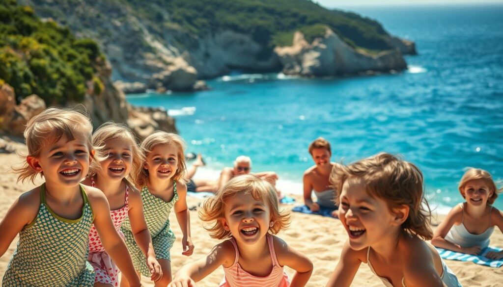 A family vacation in Portugal with children. In the foreground, a group of smiling children playing happily on a sun-drenched beach, their laughter and joy captured in a warm, golden light. In the middle ground, parents and grandparents relax on beach towels, watching over their loved ones with contented expressions. In the background, the stunning blue waters of the Atlantic Ocean stretch out, framed by rugged cliffs and lush, verdant foliage. The scene conveys a sense of carefree bliss, perfect for a family packing list for a Portugal trip.