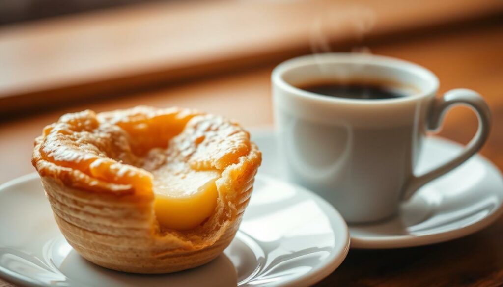 A freshly baked pastéis de nata, its golden-brown, flaky crust glistening, sits on a delicate porcelain saucer, accompanied by a steaming cup of rich, aromatic Portuguese coffee. The pastry's interior, a creamy custard, beckons to be savored, its layers of buttery puff pastry creating a symphony of textures. The scene is captured in warm, soft lighting, casting a cozy, inviting atmosphere, as if inviting the viewer to pause, indulge, and fully experience the moment. The composition emphasizes the interplay between the pastry and the coffee, highlighting the quintessential pairing that has become a beloved ritual in the cafes of Lisbon.